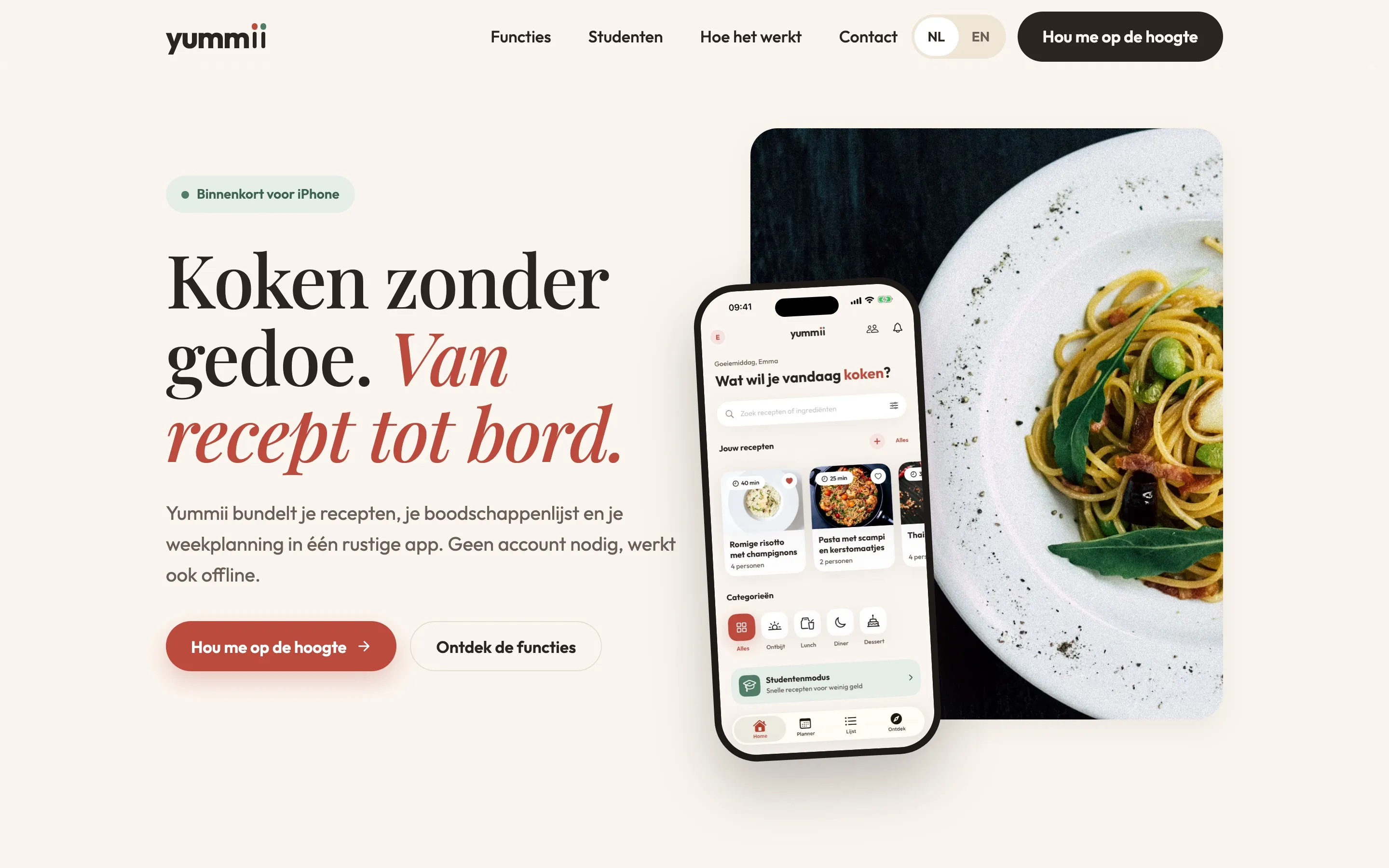 Homepagina van de website van Yummii