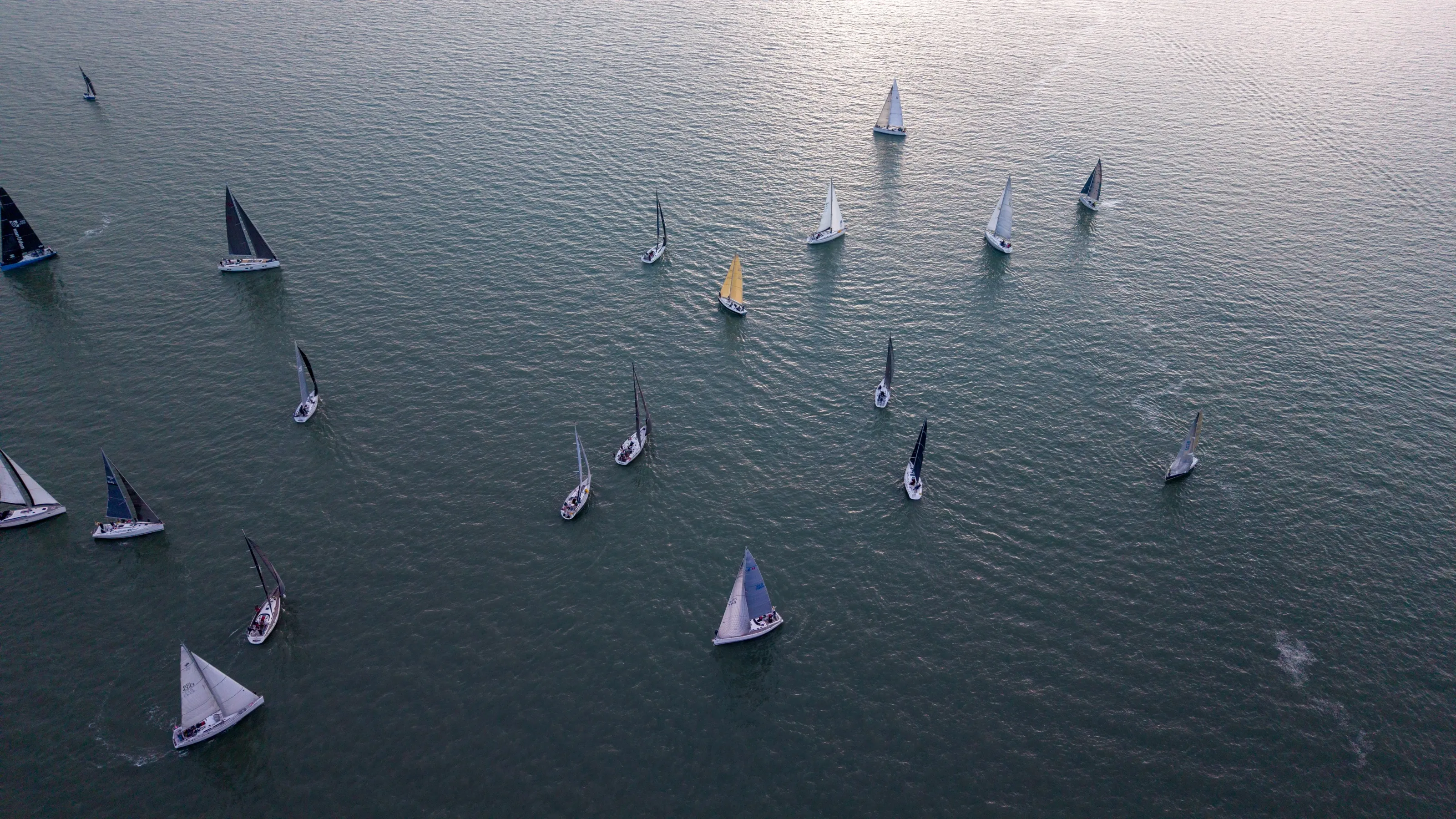 Luchtbeeld van een zeilwedstrijd met tientallen boten op zee